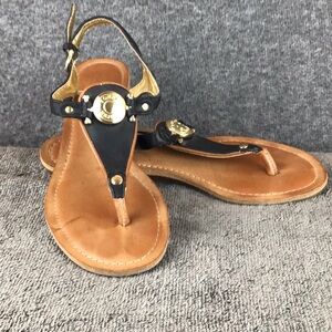 Tommy Hilfiger Black and Tan Thong Sandals Metallic Emblem Sz 6M